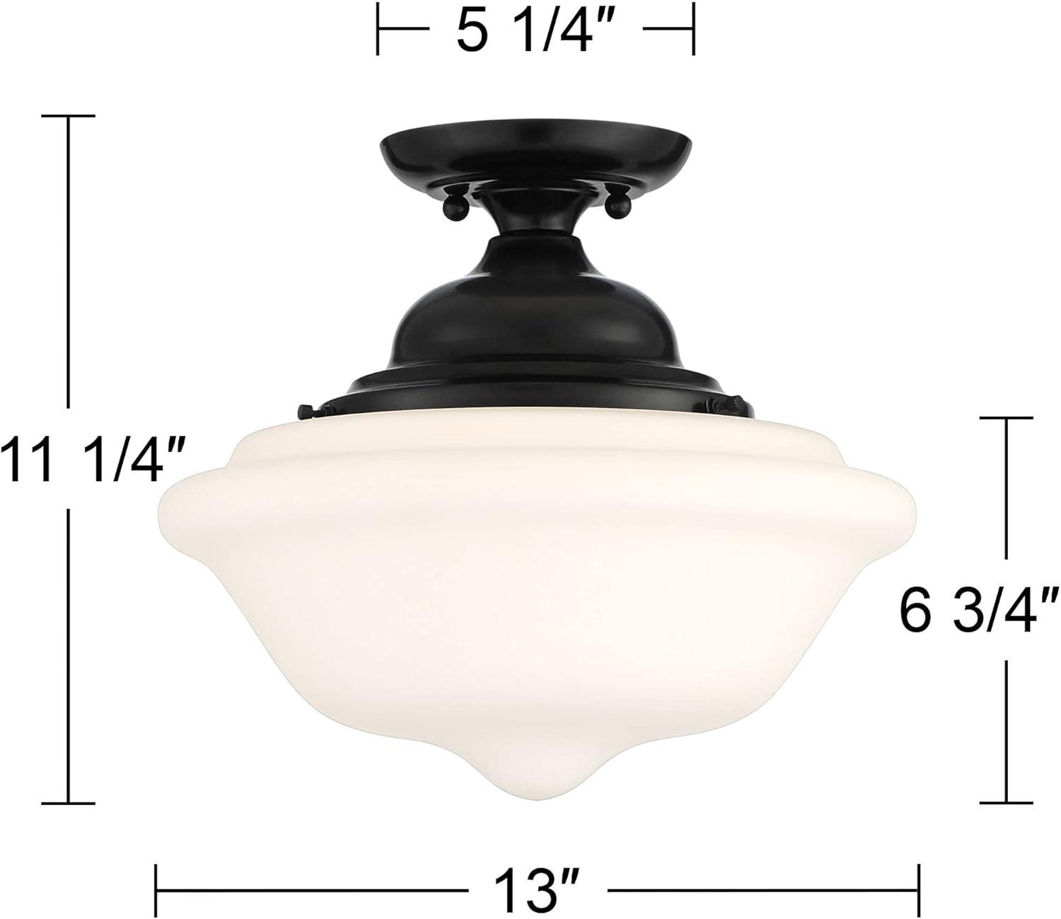 Regency Hill Vintage Rustic Farmhouse Ceiling Light Semi Flush Mount Fixture 13" Wide Gloss Black Flush White Glass Shade for Bedroom Living Room