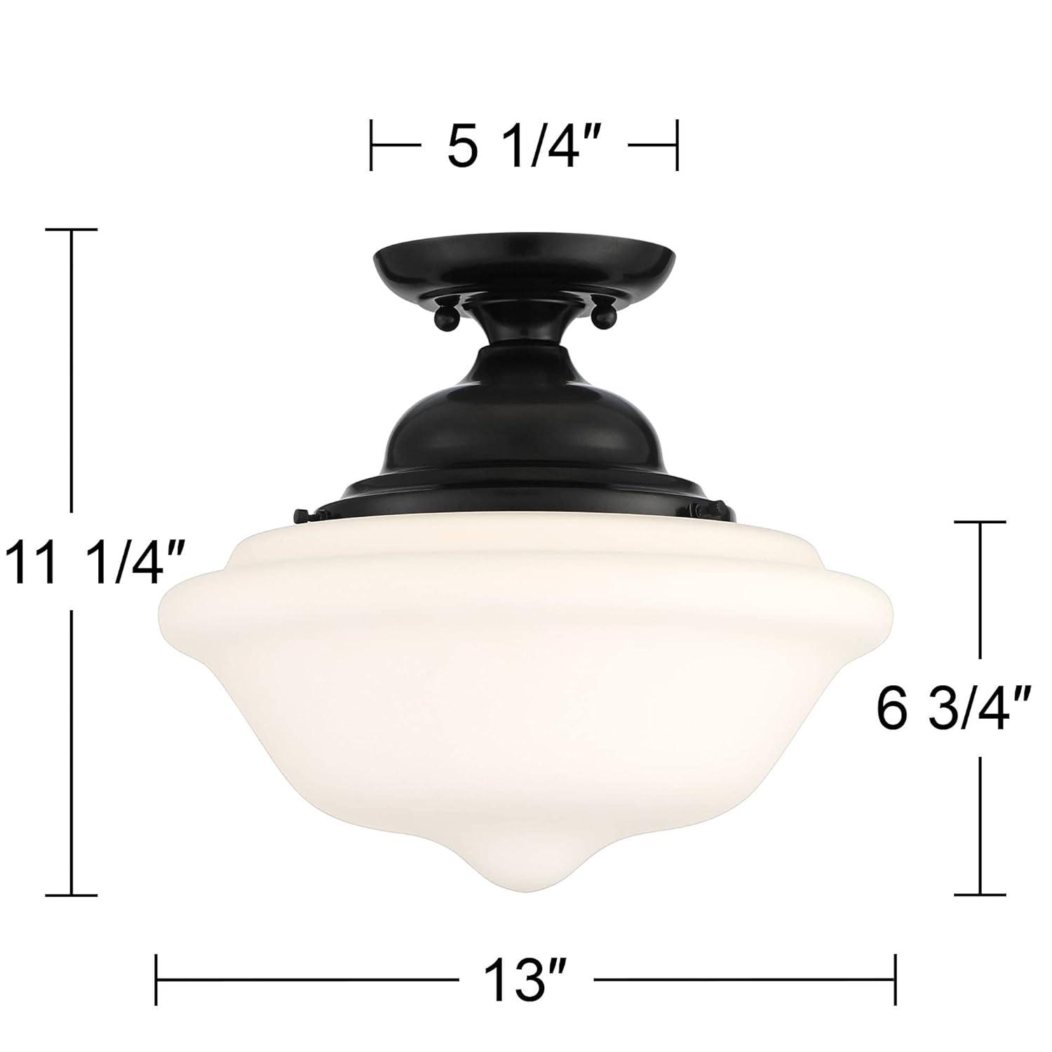 Regency Hill Vintage Rustic Farmhouse Ceiling Light Semi Flush Mount Fixture 13" Wide Gloss Black Flush White Glass Shade for Bedroom Living Room