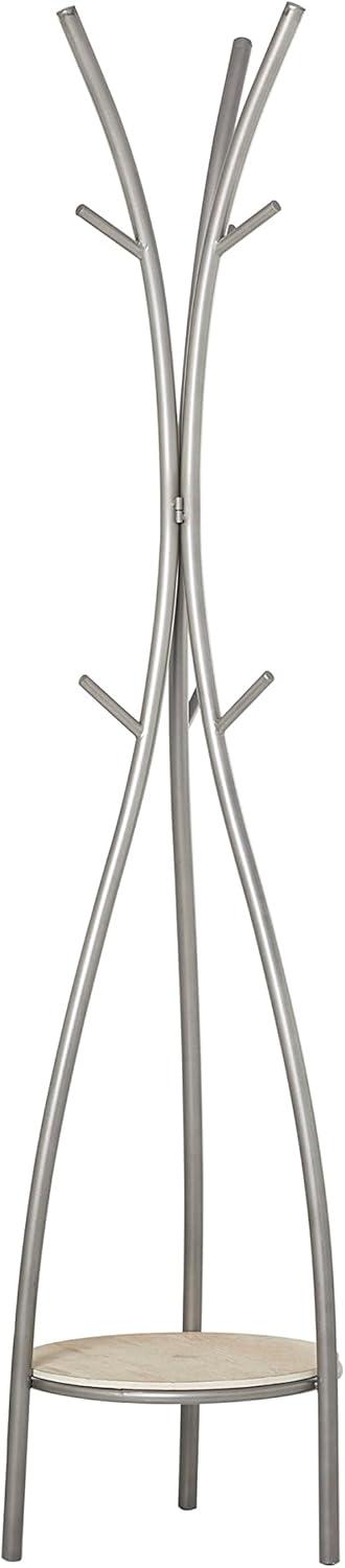 Silver and Beige Metal Freestanding Coat Rack with Shelf