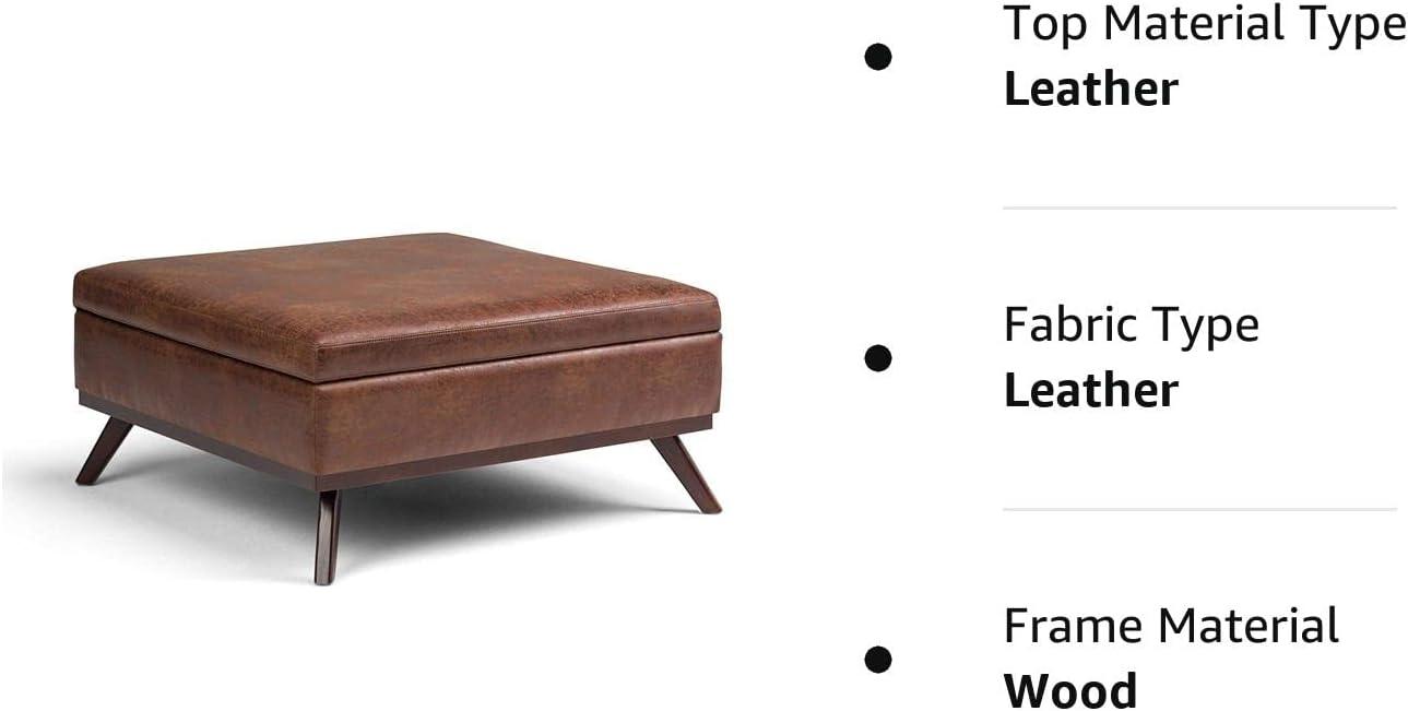 Simpli Home Owen 36"W Upholstered Square Coffee Table Storage Ottoman with Lift Top and Solid Wood Legs