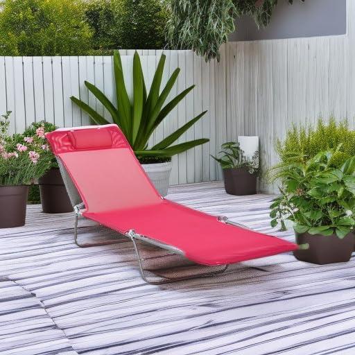 Outsunny Foldable Outdoor Chaise Lounge Chair, 5-Level Reclining Camping Tanning Chair with Breathable Mesh Fabric and Headrest, Pink