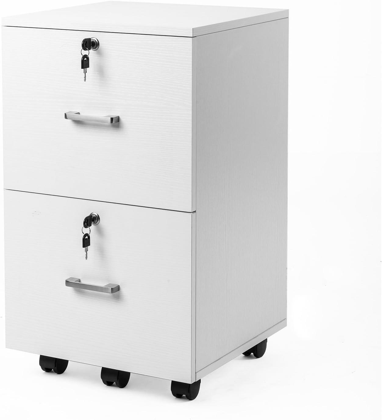 Wood Grain White 2-Drawer File Cabinet with Lock for Letter Size Files - Mobile Under Desk Cabinet for Home Office