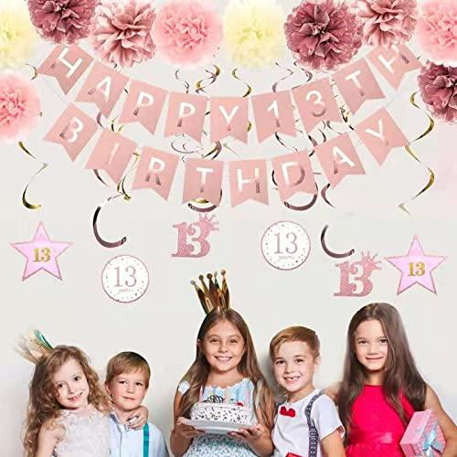 Rose Gold 13th Birthday Party Decors , Rose gold Glittery Happy 13th Birthday Banner,Poms,Sparkling Hanging Swirls Kit for 13th Birthday Party Supplies