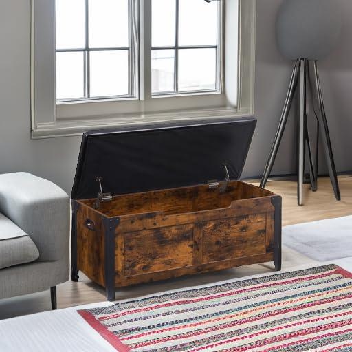 GAOMON Storage Chest, Storage Bench with Safety Hinge, Farmhouse Style Wooden Toy Chest for Entryway, Bedroom, Living Room, Rustic Brown