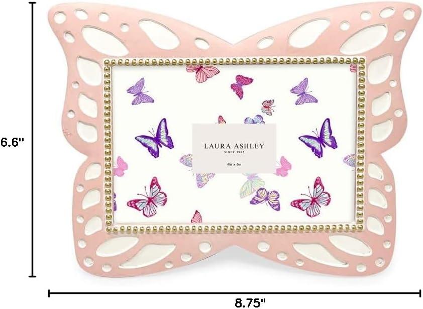 Laura Ashley 4x6 Horizontal Pink Resin Butterfly Picture Frame with Dotted Edges, Photo Frame with Black Fabric Easel, Made for Tabletop & Wall-Hanging Display (6x4, Pink)