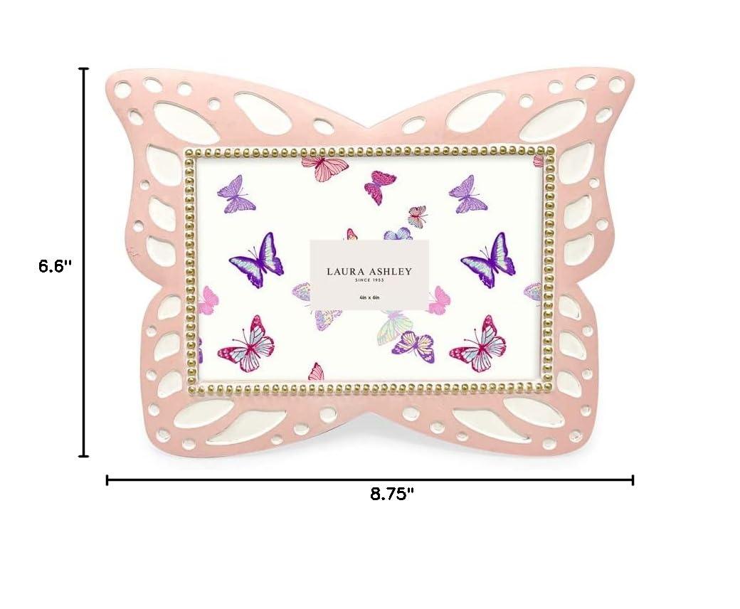 Laura Ashley 4x6 Horizontal Pink Resin Butterfly Picture Frame with Dotted Edges, Photo Frame with Black Fabric Easel, Made for Tabletop & Wall-Hanging Display (6x4, Pink)