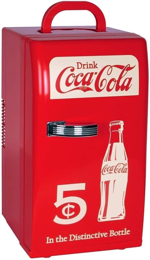 Coca-Cola Retro 18 Can Mini Fridge w/ 12V DC and 110V AC Cords, 22L (23 qt), Portable Cooler, Red, Travel Fridge for Drinks
