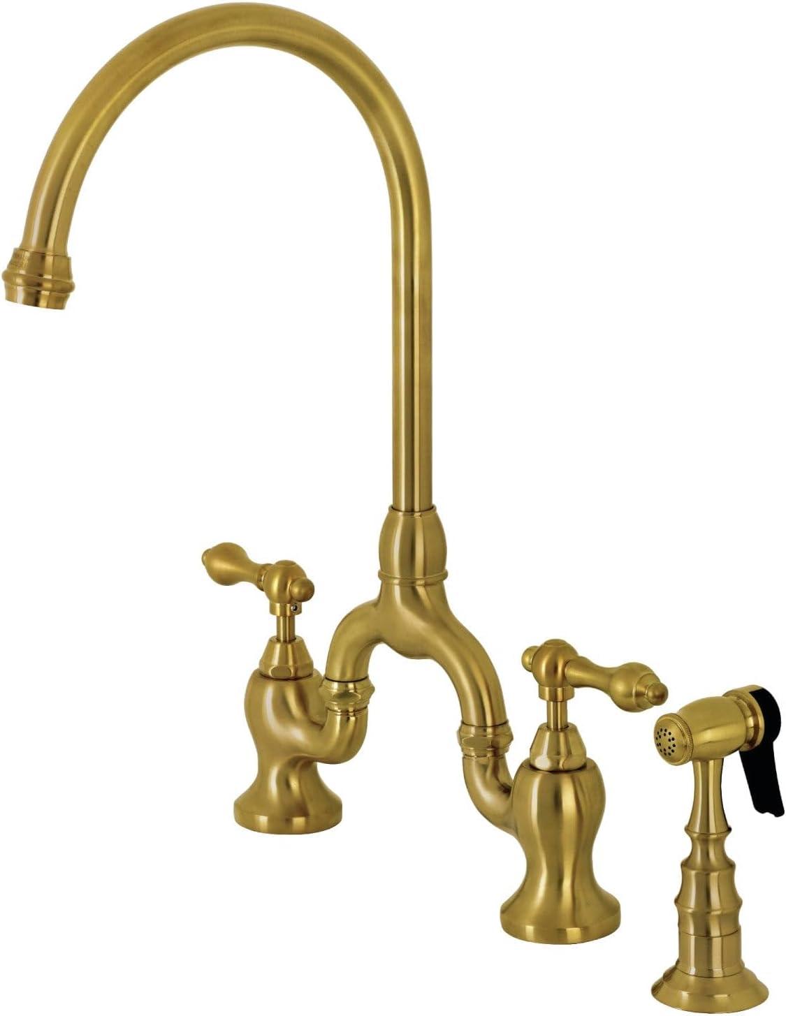 Brushed Brass Two-Handle Bridge Kitchen Faucet with Sprayer