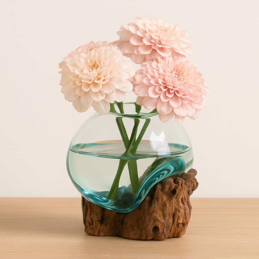 Cape Craftsmen 7" H Hand-Blown Blue Tinted Bubble Glass On Natural Teak Driftwood Terrarium | Home Décor Indoor Planter with Stand | Pot for Succulent and Plants