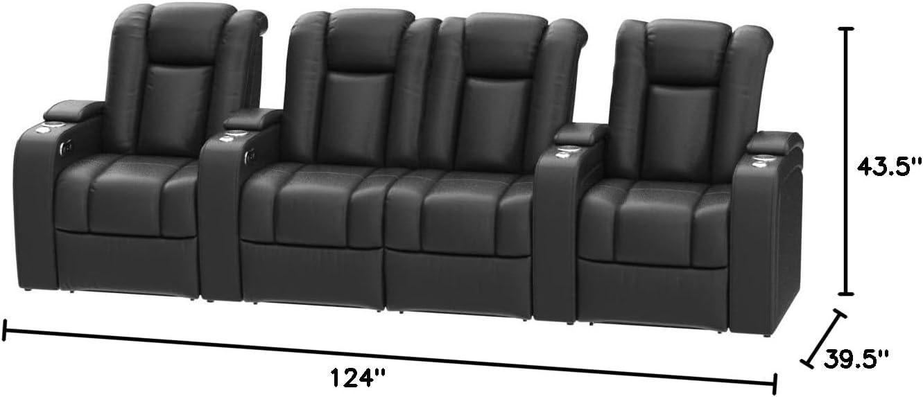 Seatcraft Serenity Italian Leather Home Theater Seating - Living Room - Power Recline - Tray Tables - in-Arm Storage - Ambient Base Lighting and Lighted Cupholders (Row of 4 Middle Loveseat, Cream)