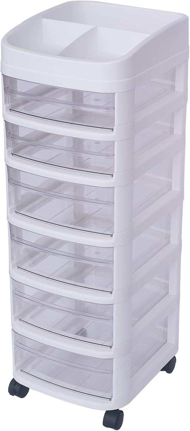 White 6-Tier Plastic Rolling Storage Cart with Clear Drawers