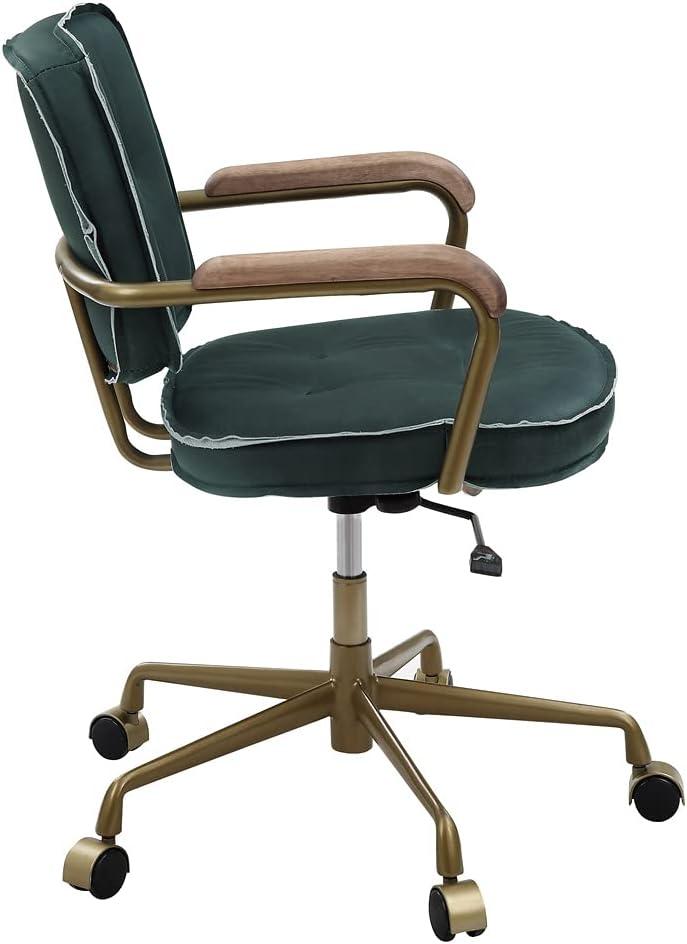 Industrial Top Grain Leather Swivel Office Chair, Adjustable Height Computer Chair with Wooden Armrest and 5-Stars Metal Base, Upholstered Task Chair Armchair with Ergonomic Bakcrest, Emerald Green