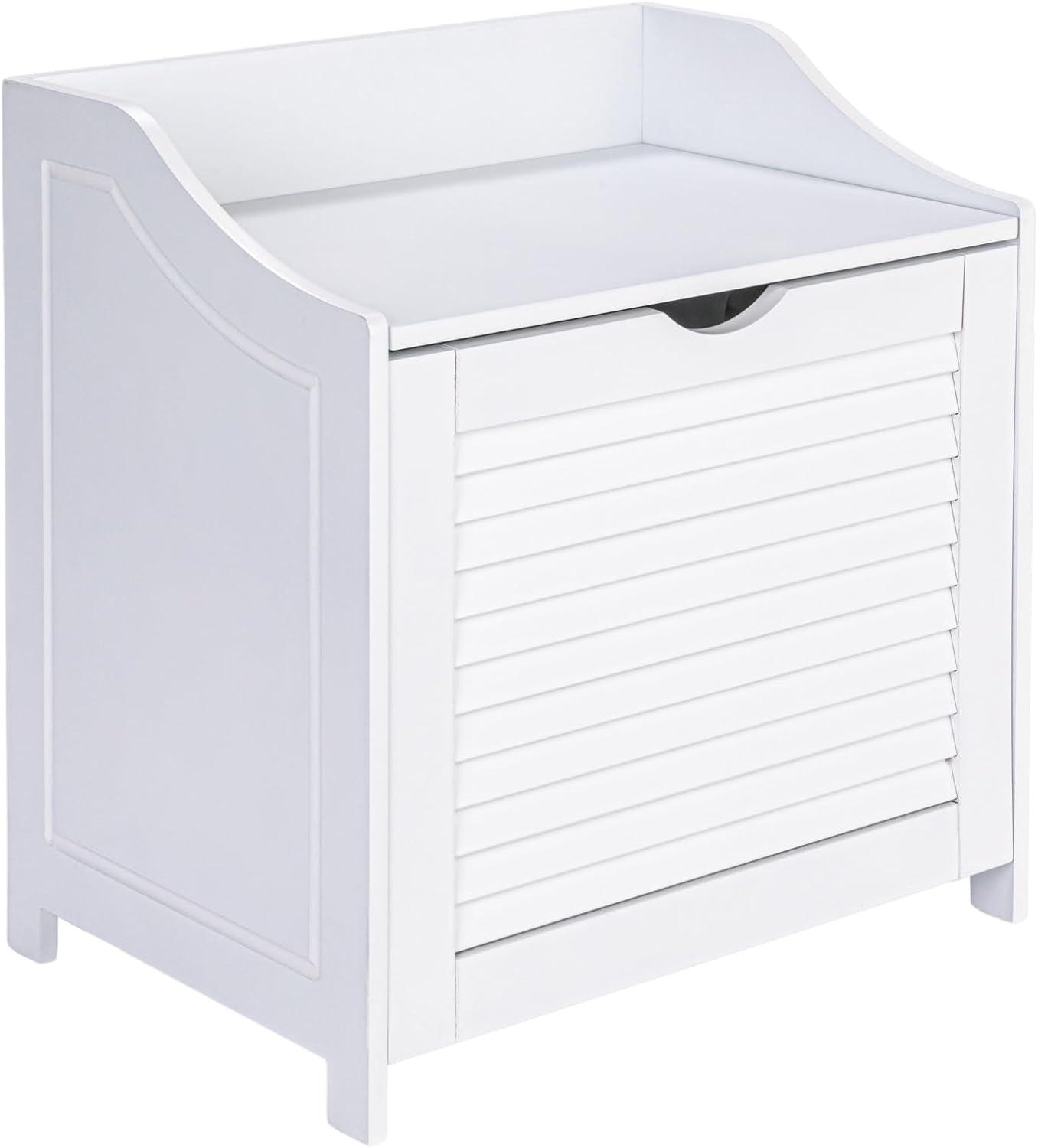 Household Essentials Design Trends Bench Hamper with Shutter Front and Foam Cushion White: Clothes Hamper with Lid, Removable Liner