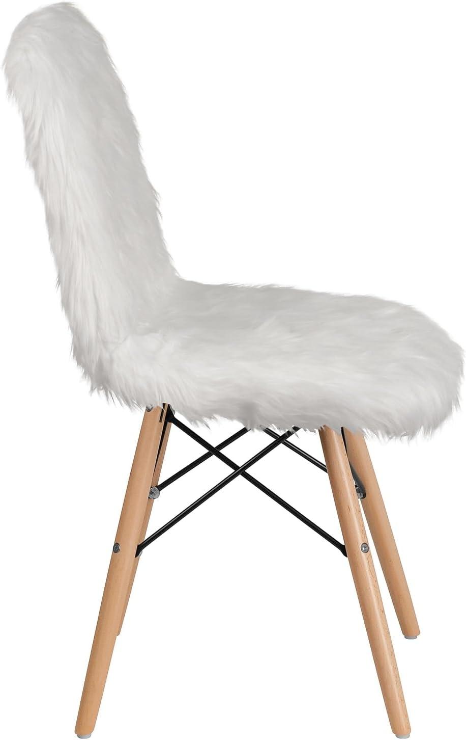 Retro Chic White Faux Fur Accent Chair with Beechwood Base