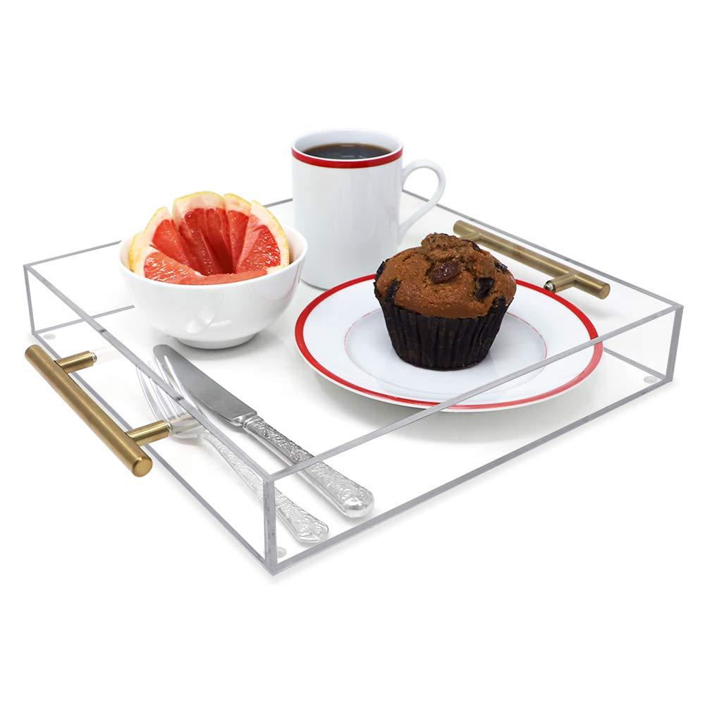 12"x12" Clear Acrylic Serving Tray with Golden Handles, Huge Capacity Sturdy Acrylic Tray for Coffee, Juice, Kitchen and Desk Organizer, Storage Tray (12"x12")