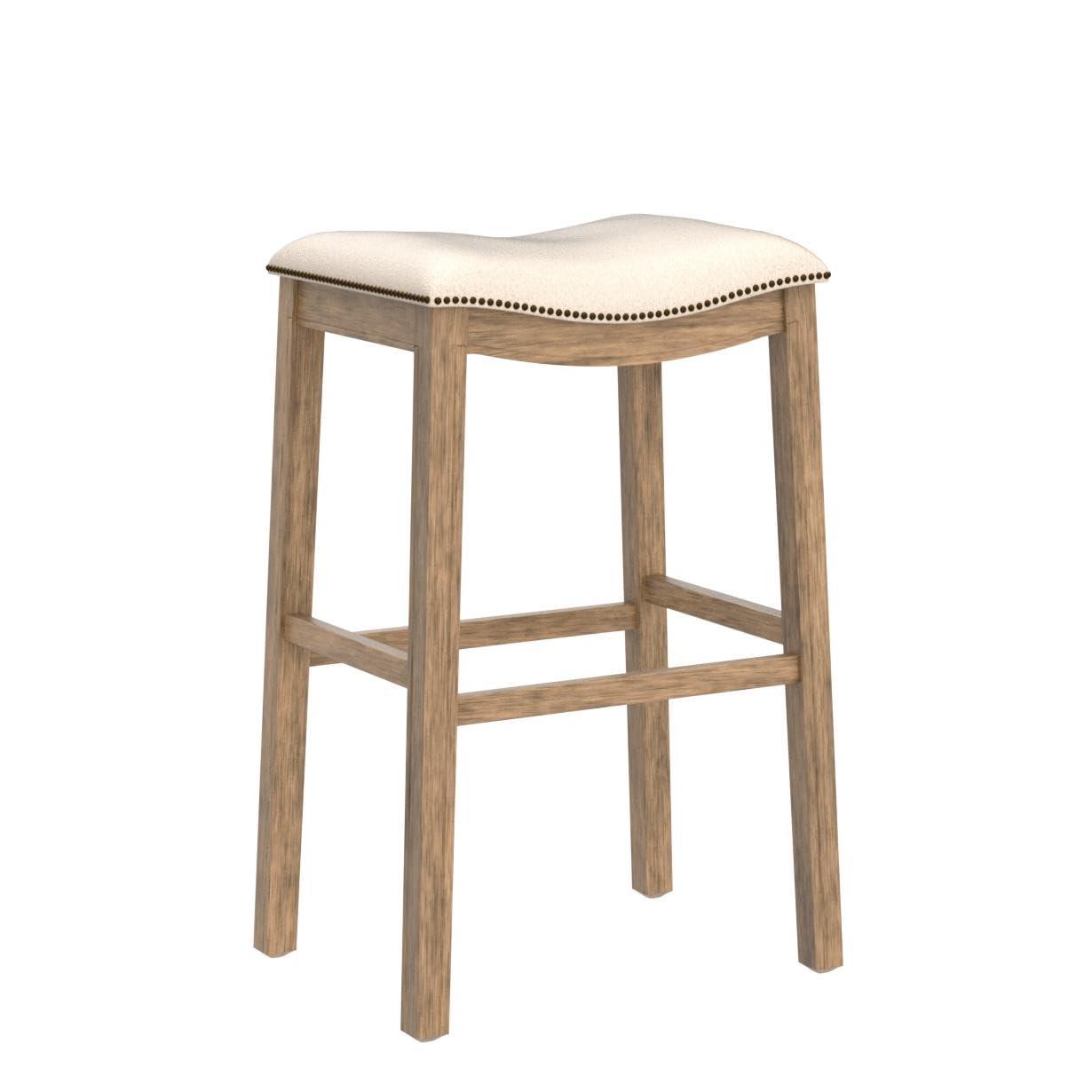 Maven Lane Adrien 31 Inch Bar Height Upholstered Backless Saddle Barstool in Natural Wood Finish with Wheat Cream Fabric Cushion Seat, Set of 2