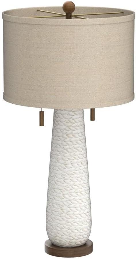 Possini Euro Design Kingston Modern Mid Century Table Lamp 32 3/4" Tall White Grooved Patterned Ceramic Taupe Drum Shade for Bedroom Living Room House