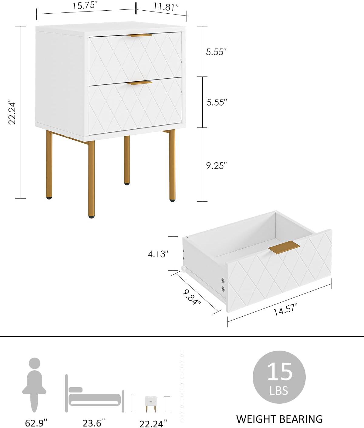 White and Gold Modern Nightstand with Drawer and Shelf