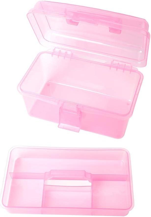 BangQiao Multipurpose Plastic Storage Container Organizer Box Case with Removable Tray and Handle for Art, Craft, Sewing Supplies, Clear&Pink