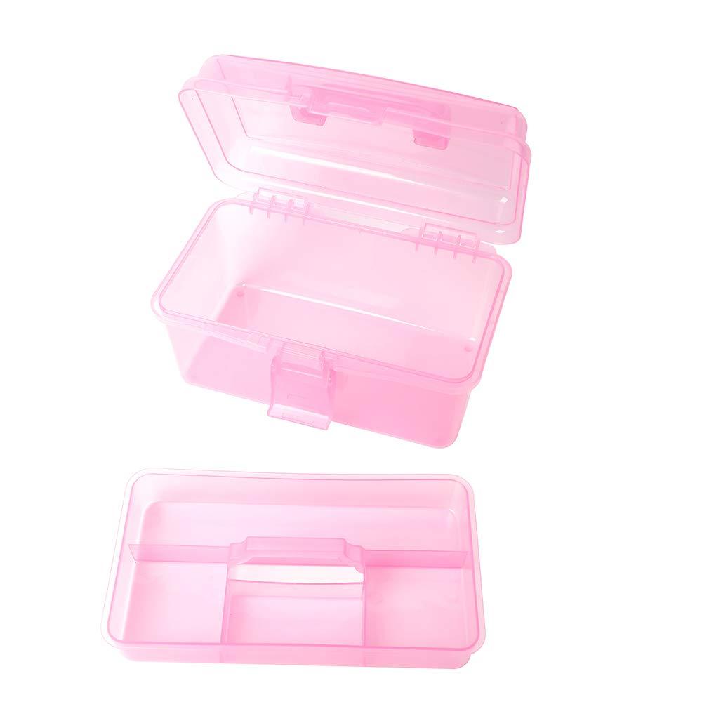 BangQiao Multipurpose Plastic Storage Container Organizer Box Case with Removable Tray and Handle for Art, Craft, Sewing Supplies, Clear&Pink