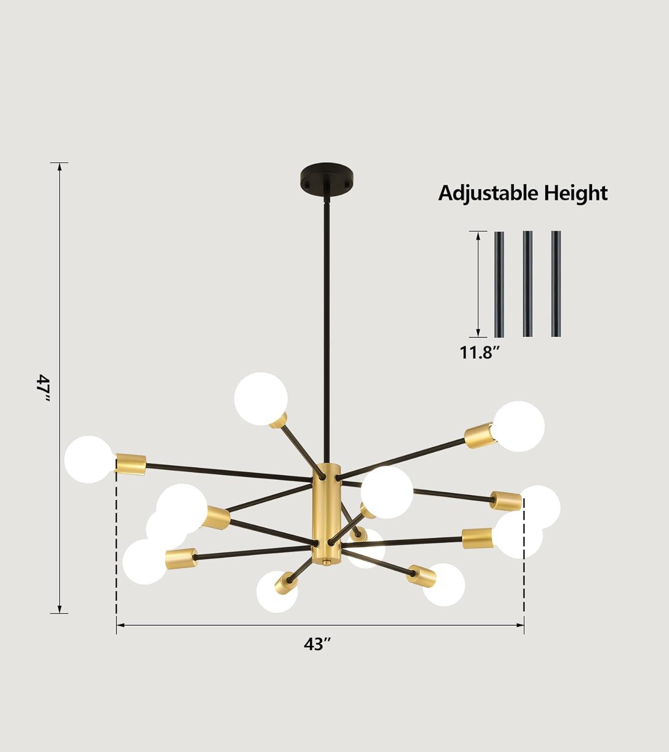 Kaisite  12-Light Modern Sputnik Chandeliers Black & Gold Ceiling Light Fixtures for Dining Room Living Room Bedroom