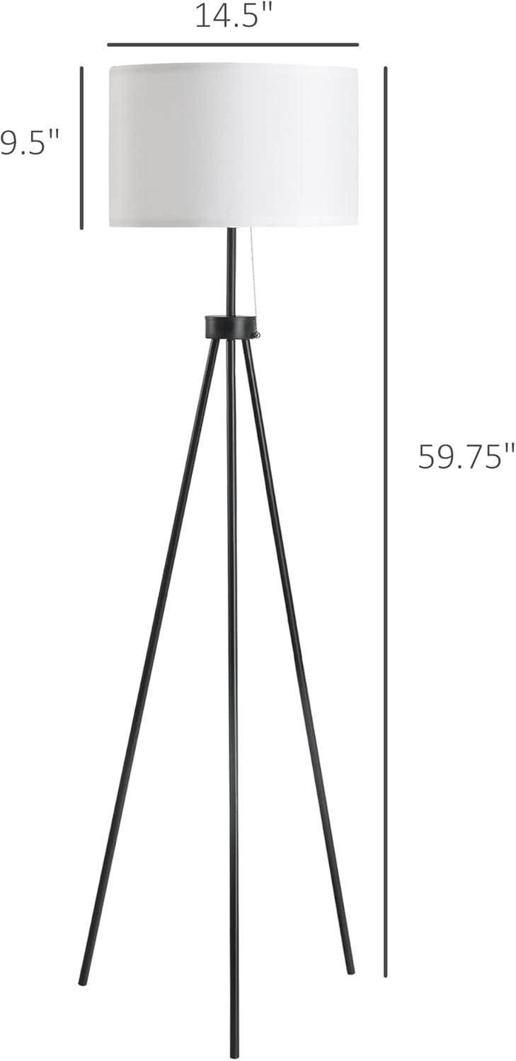 HOMCOM 59.75" Tripod Floor Lamp with Pull Chain Standing, Fabric Lampshade E26 Lamp Holder Steel for Living Room, Bedroom, Office, Black