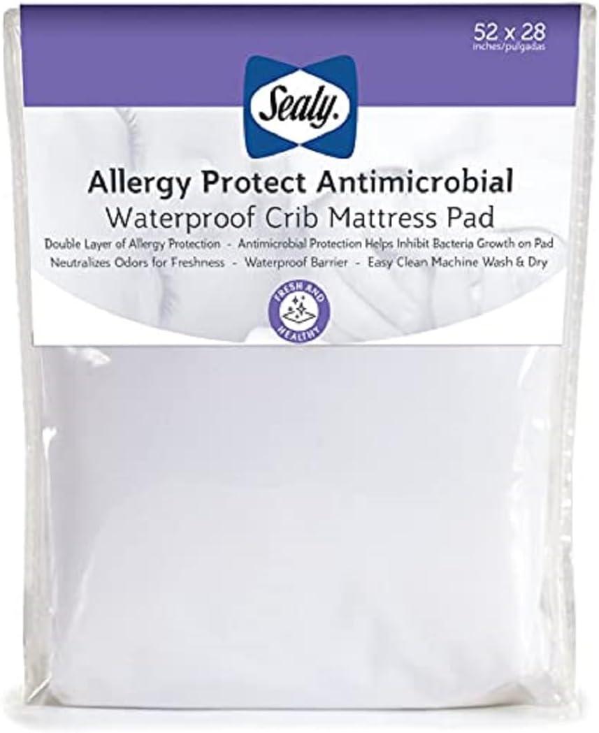 Sealy Baby Allergy Protect Antimicrobial Waterproof Fitted Baby Crib Mattress Protector Pad, Crib Mattress Pad Topper, 52" x 28" - White