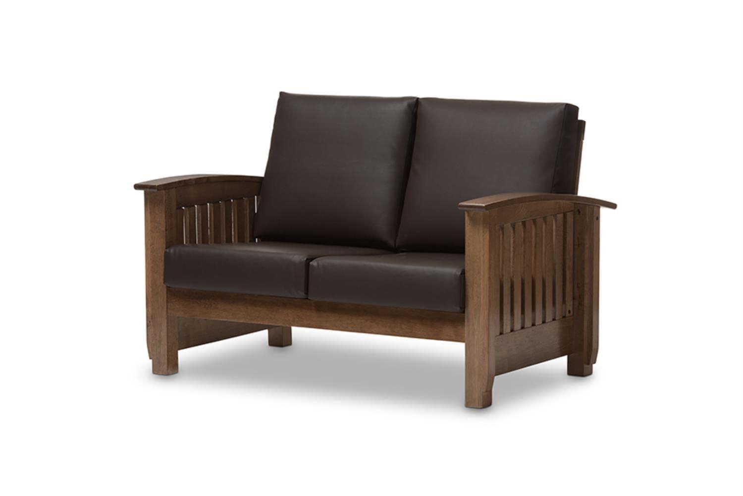 Charlotte Modern Classic Mission Style Faux Leather 2 Seater Loveseat Dark Brown/Walnut Brown - Baxton Studio
