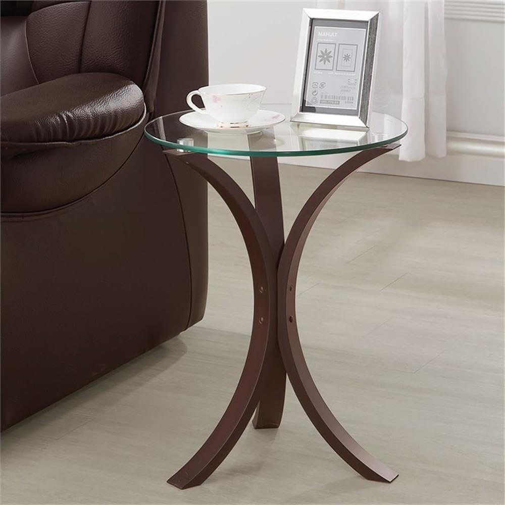 Bowery Hill Traditional Round Glass Top Accent End Table in Brown