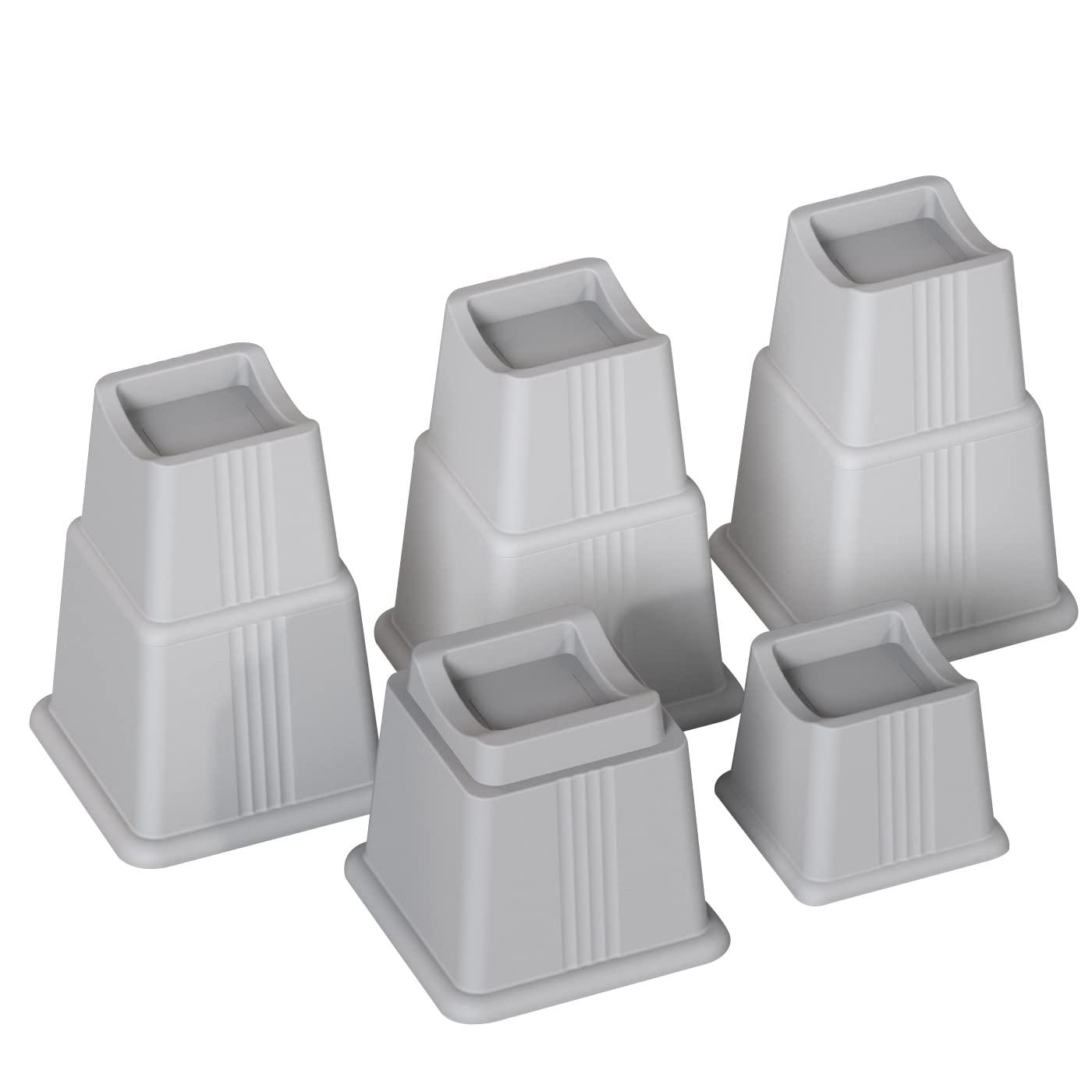 ZTON Adjustable Bed Furniture Risers Elevation in Heights 3", 5" or 8" Heavy Duty Risers for Both Posts and Wheels of Sofa and Bed Support up to 2000 lbs. (Set of 4 Riser, Grey)