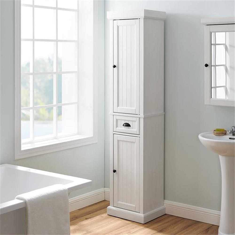 Seaside Tall Linen Cabinet White - Crosley: Freestanding Bathroom Storage, Adjustable Shelves, Towel Organizer