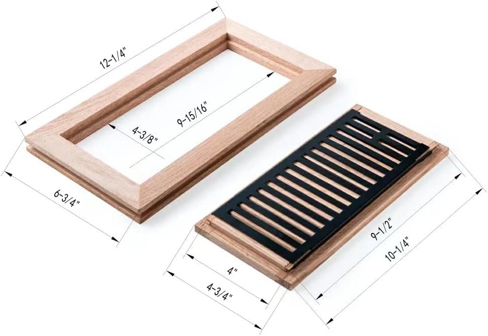 Hardwood White Oak Floor Register, Flush Mount with Frame, 4x10 Inch, Unfinished