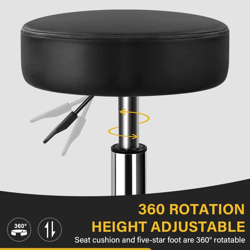 Black Adjustable Metal Rolling Stool with PU Leather Seat