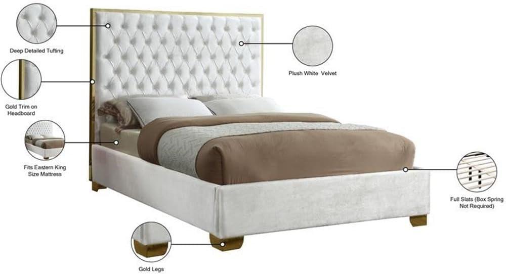 Meridian Furniture Lana Collection Modern | Contemporary Velvet Upholstered Bed with Deep Detailed Tufting and Gold Legs, King, White
