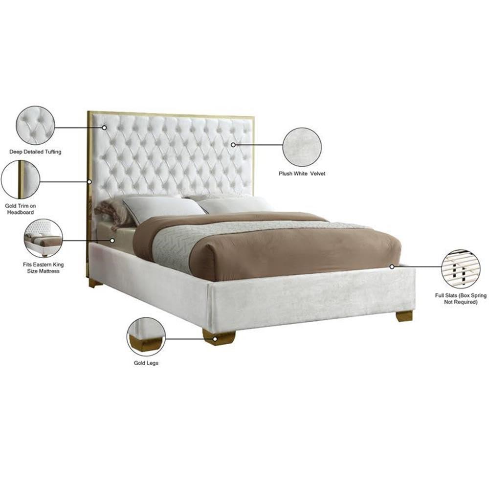 Meridian Furniture Lana Collection Modern | Contemporary Velvet Upholstered Bed with Deep Detailed Tufting and Gold Legs, King, White