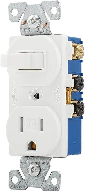 EATON Wiring TR293W 15 Amp 120V 5-15 3-Wire Combination Receptacle & Toggle Switch, White