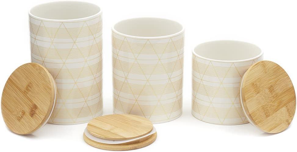 Home Basics 3 Piece Ceramic Canister Set with Bamboo Lids, Diamond White