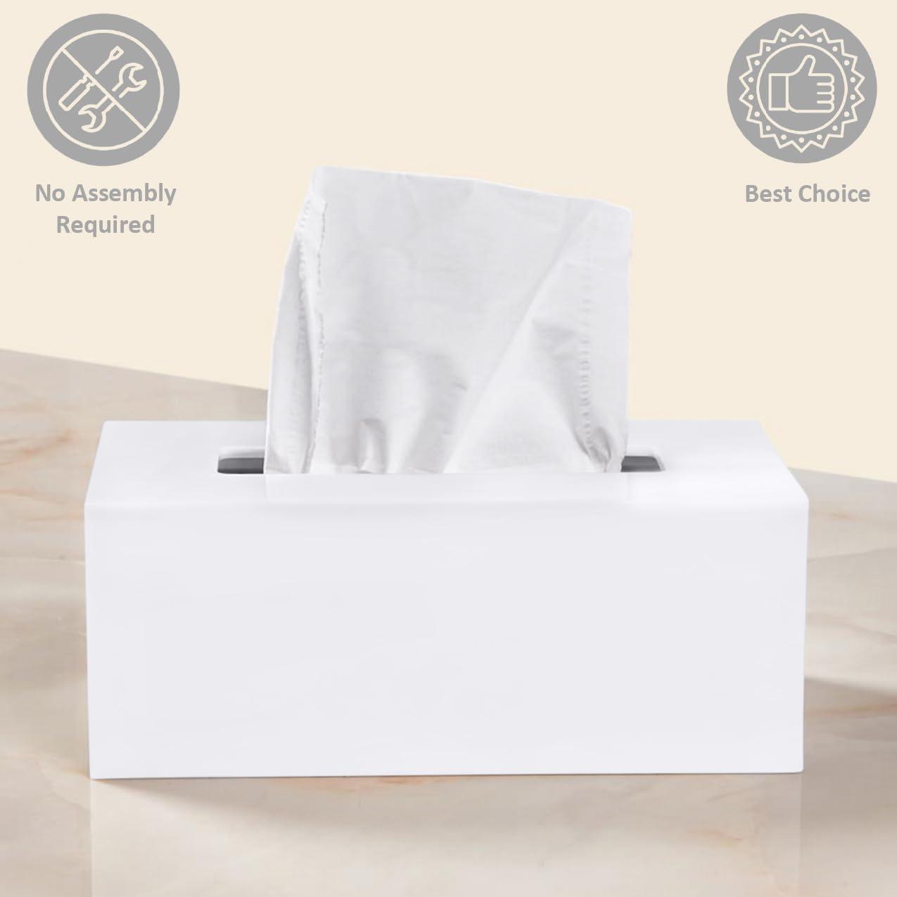 White Tissue Box Cover Square - Plastic Facial Tissue Box Holder - Decorative Cube Tissue Holder Dispenser Fits Any Vanity Countertop, Bedroom Dresser, Office, Bathroom Decor C33