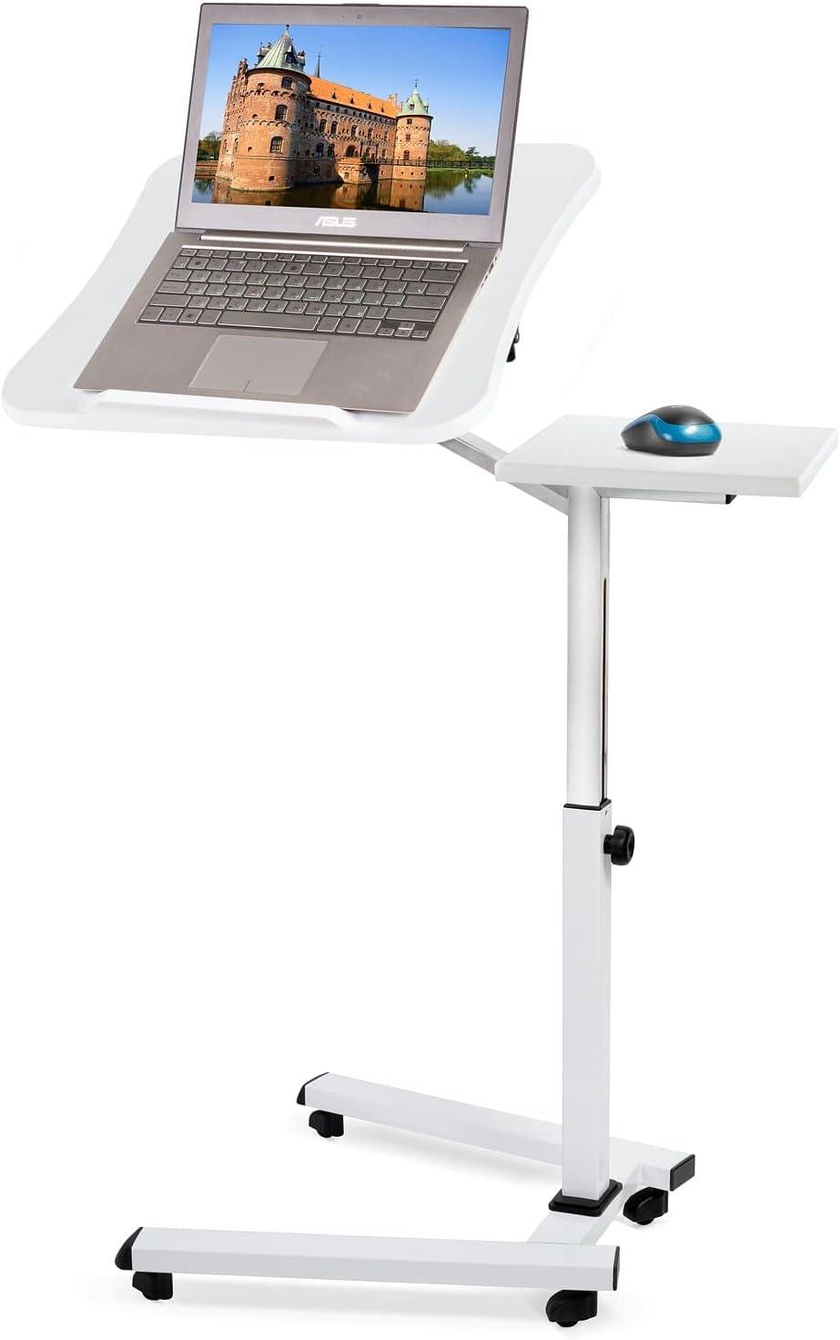 White Adjustable Height Rolling Laptop Desk with Mouse Pad