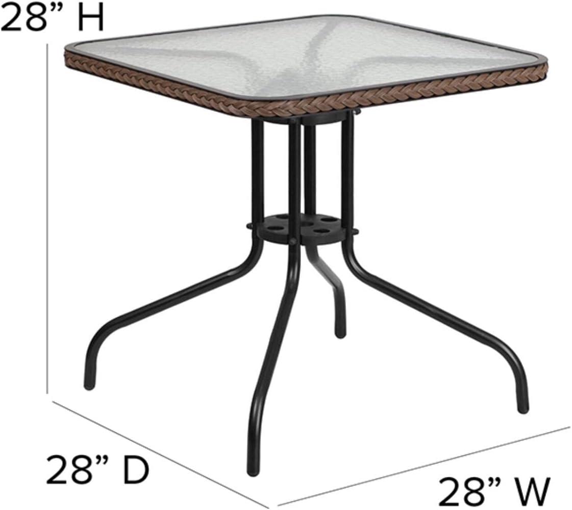 Flash Furniture 28'' Square Tempered Glass Metal Table with Dark Brown Rattan Edging