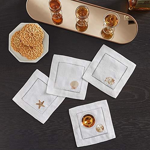 White Linen Embroidered Beachcomber Cocktail Napkins, Set of 4