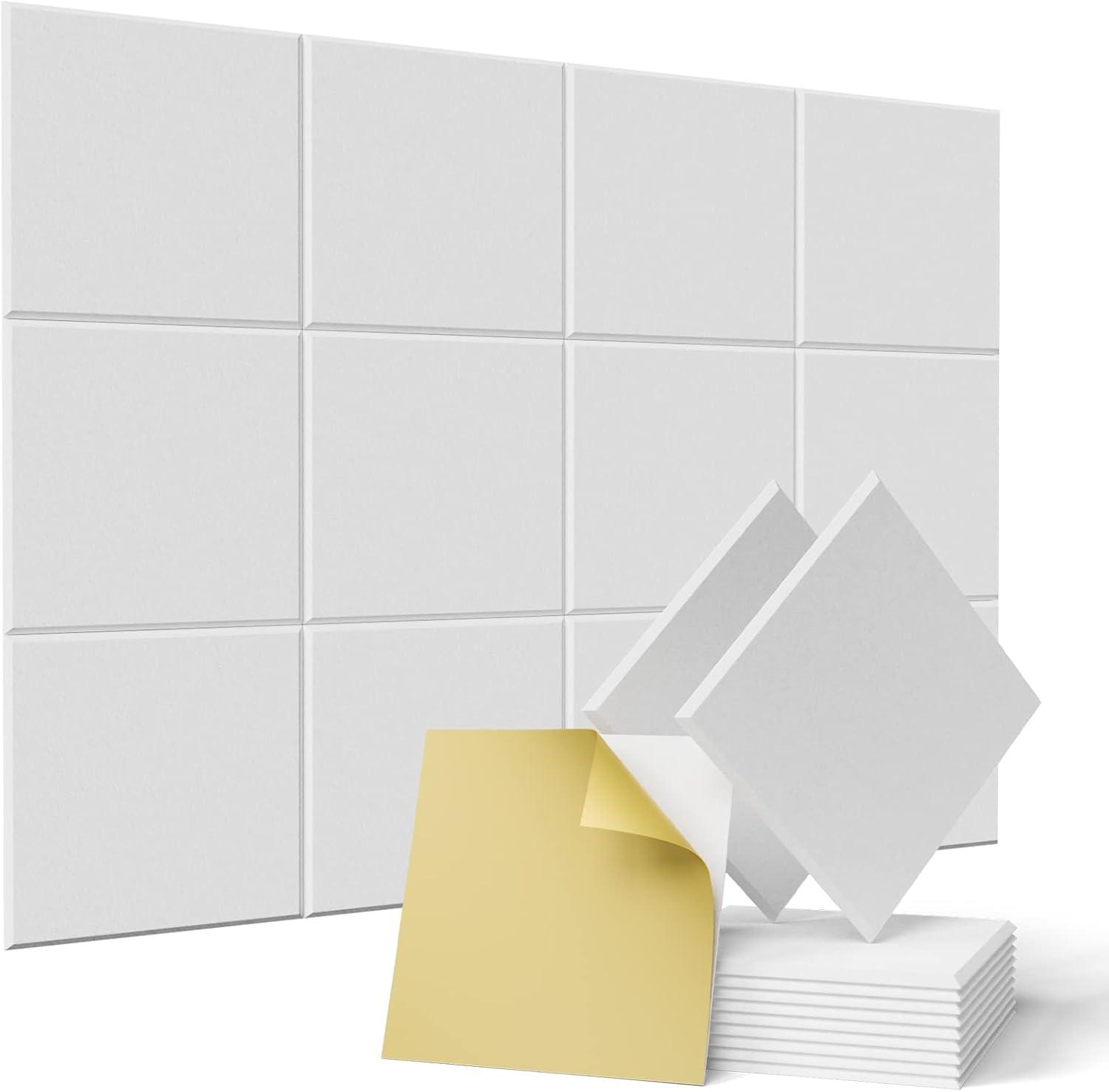 White Self-Adhesive Acoustic Panels 12 Pack, 12" x 12" x 0.4" High-Density Polyester