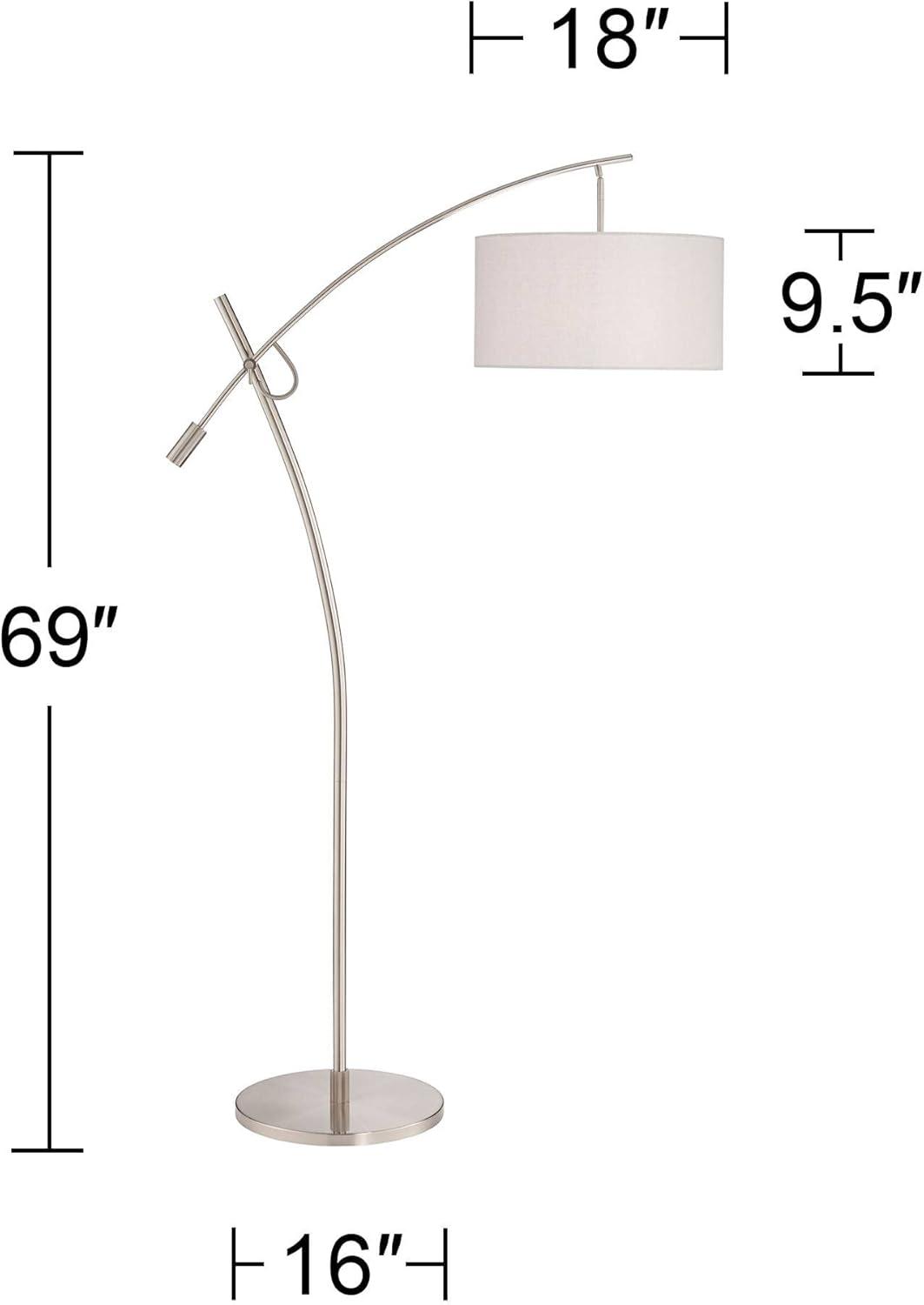 Possini Euro Design Modern Arc Floor Lamp 69" Tall Brushed Steel Adjustable Boom Off White Linen Drum Shade for Living Room Reading Office