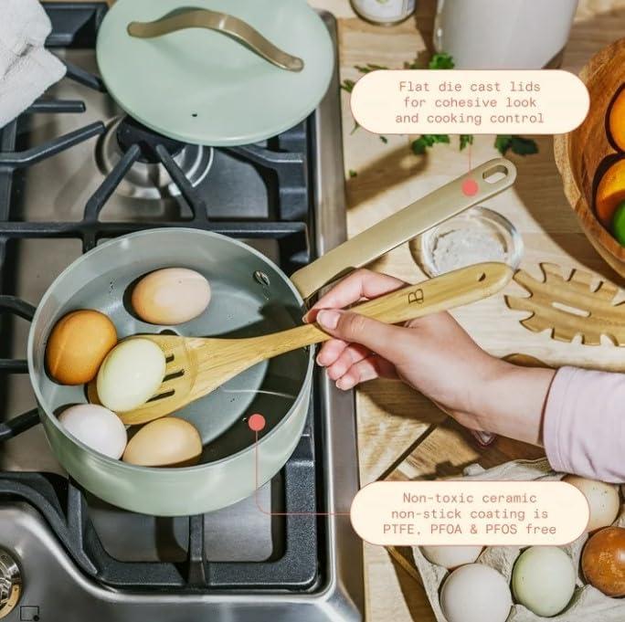Beautiful 12pc Ceramic Non-Stick Cookware Set, Sage Green by Drew Barrymore