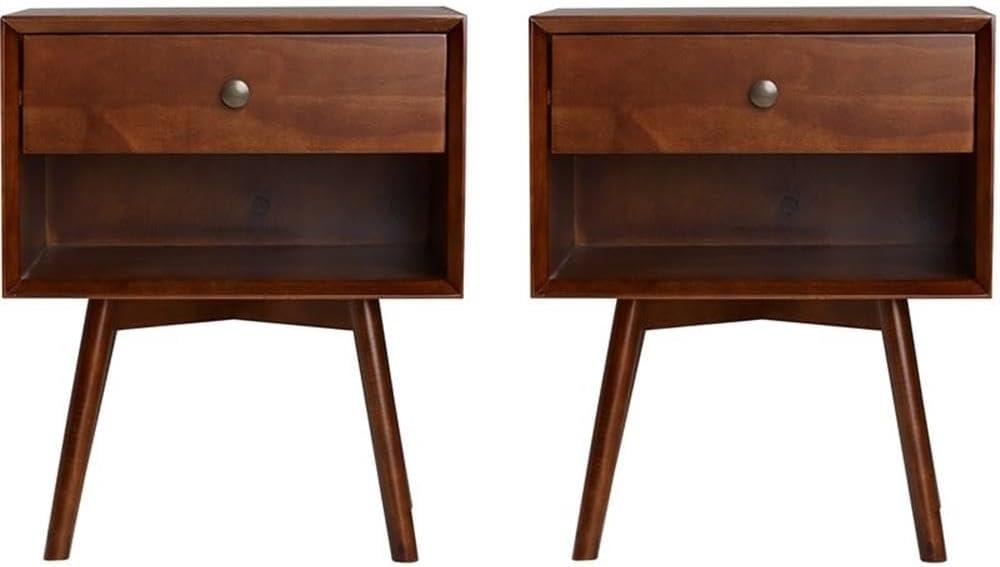 Walker Edison 2-Piece Mid-Century Solid Pine Wood Bedroom Nightstand in Walnut