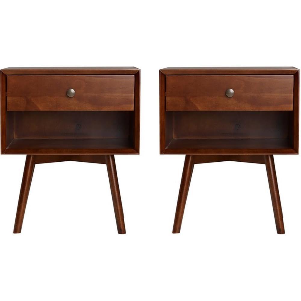 Walker Edison 2-Piece Mid-Century Solid Pine Wood Bedroom Nightstand in Walnut