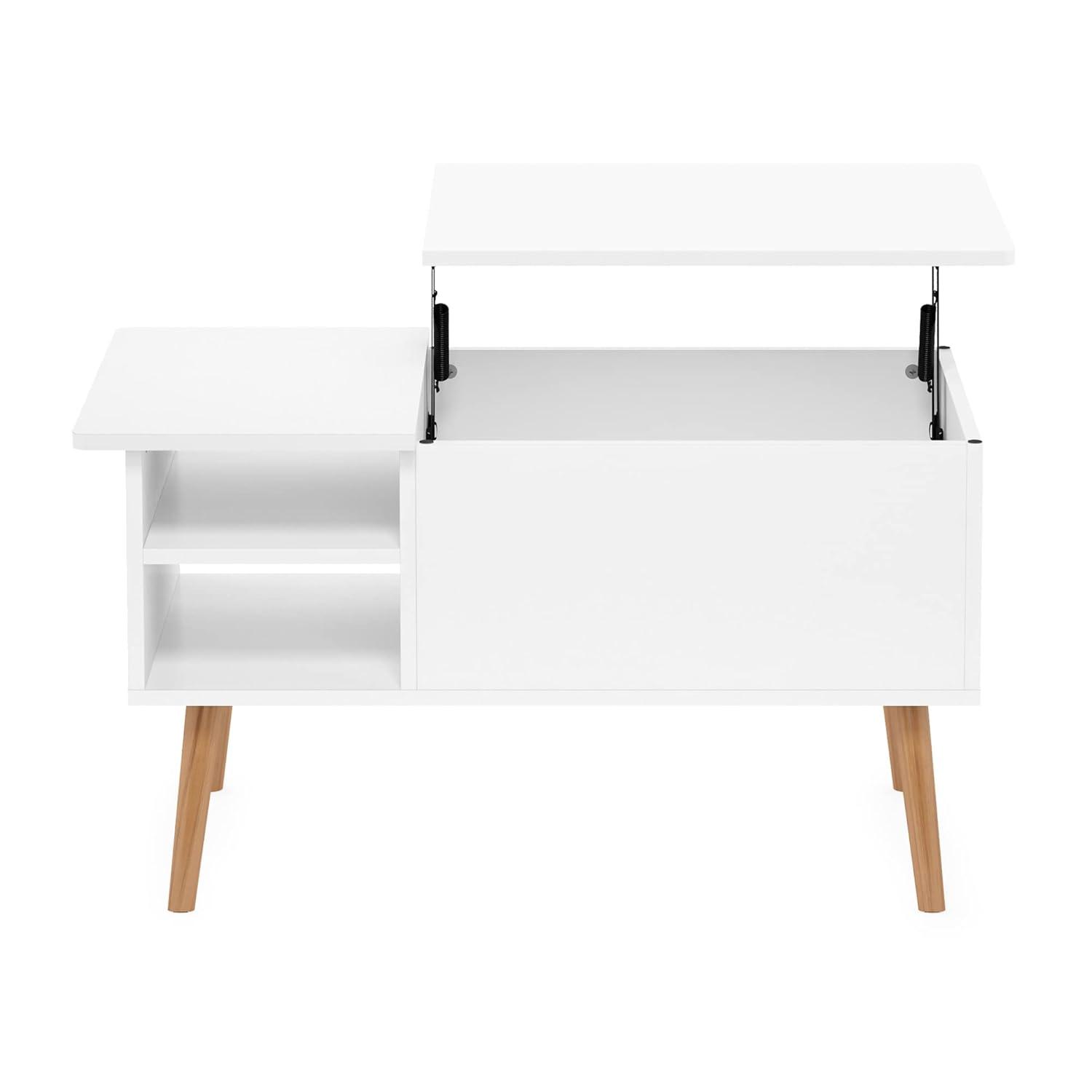 Furinno Jensen Wooden Leg Lift Top Coffee Table With Hidden Compartment and Side Open Storage Shelf for Living Room, Solid White