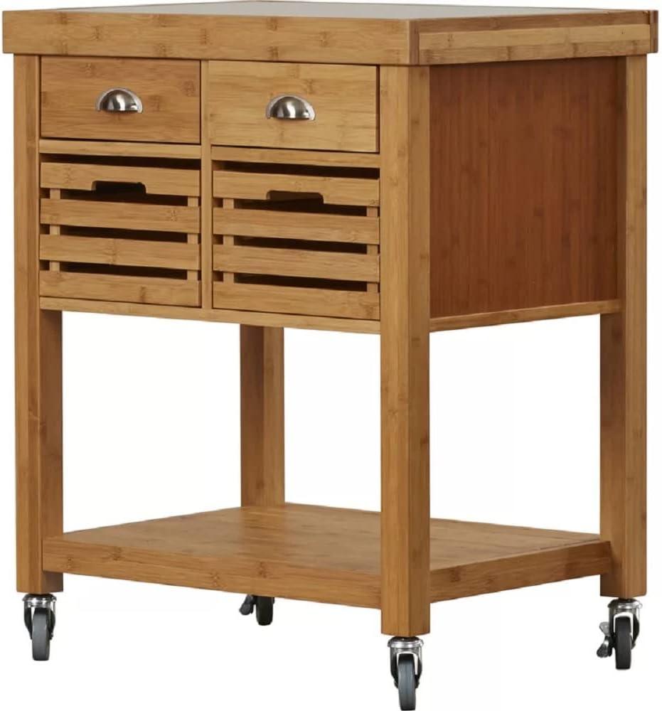 Natural Bamboo Kitchen Cart with Stainless Steel Top and Storage