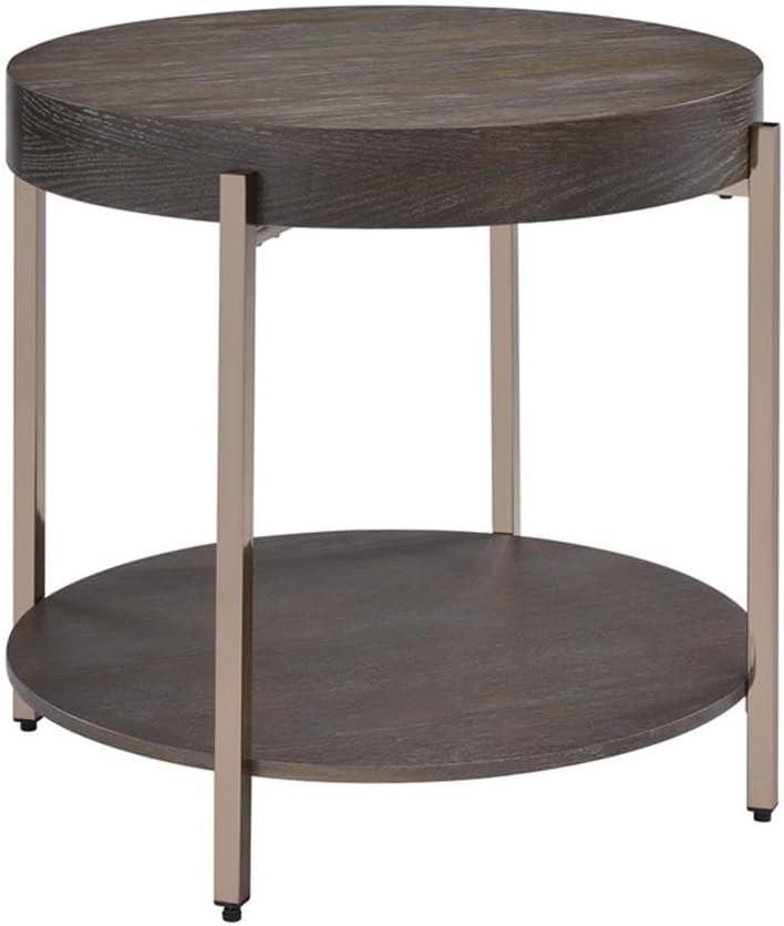 ACME Weyton Round Wood Top End Table in Light Brown and Champagne