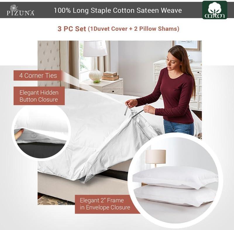 Cotton Duvet Cover Set Queen White, 3pc 400 Thread Count 100% Long Staple Cotton Bed Set For Queen Bed Luxurious Sateen Weave Bedding Set With Hidden Button Closure And 4 Corner Ties By Pizuna